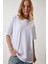 Süper Kalite Kadın %100 Pamuk Beyaz Bisiklet Yaka Oversize Boyfriend T-Shirt 2