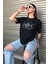 Bisiklet Yaka Siyah Ay Baskılı Oversize T-Shirt 1