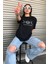 Bisiklet Yaka Siyah Ay Baskılı Oversize T-Shirt 2