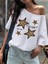 Kadın Düşük Omuz Leopar Yıldız Baskılı Kayık Yaka T-Shirt 1