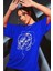 Kadın Sax Mavi Yüz Baskı Detaylı Oversize T-Shirt 1