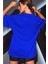 Kadın Sax Mavi Yüz Baskı Detaylı Oversize T-Shirt 2