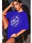 Kadın Sax Mavi Yüz Baskı Detaylı Oversize T-Shirt 3