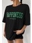 Kadın Oversize Hapiness Baskılı Siyah T-Shirt 2