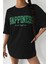 Kadın Oversize Hapiness Baskılı Siyah T-Shirt 3