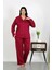 Kadın Büyük Beden Pamuklu Cepli Düğmeli Vişne Pijama Takım 1