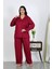 Kadın Büyük Beden Pamuklu Cepli Düğmeli Vişne Pijama Takım 2