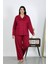 Kadın Büyük Beden Pamuklu Cepli Düğmeli Vişne Pijama Takım 4