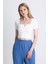 Ekru Kare Yaka V Kesim Detaylı Crop Bluz 10432 2