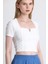Ekru Kare Yaka V Kesim Detaylı Crop Bluz 10432 4
