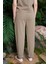 Beli Lastikli ve Bağcıklı Cepli Mom Fit Kadın Keten Havuç Pantolon Yeşil 3