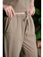 Beli Lastikli ve Bağcıklı Cepli Mom Fit Kadın Keten Havuç Pantolon Yeşil 5