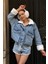 Kadın Oversize Suni Kürk Yakalı Jean Ceket - Peluş Detaylı Bomber 1