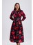Yandan Cepli Kemerli Önü Düğmeli Uzun Elbise | ELB36264 Kırmızı Güllü 1
