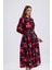 Yandan Cepli Kemerli Önü Düğmeli Uzun Elbise | ELB36264 Kırmızı Güllü 4