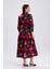 Yandan Cepli Kemerli Önü Düğmeli Uzun Elbise | ELB36264 Kırmızı Güllü 5