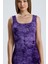 Kolsuz Kare Yaka Yırmaçlı Örme Viskon Elbise | ELB36253 Mor Batik 4