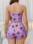 Pamuklu Lila Üstüne Çilek Desen Fitilli Askılı Şortlu Pijama Takımı 3