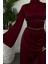 Vlasi Kolu ve Beli Baget Taşlı Saten Abiye Bordo 4