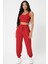 Kadın Kırmızı Kaşkorse Cepli Jogger Eşofman Altı ve Crop Top Bluz 1