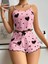 - Pamuklu Pembe Üstüne Siyah Kalp Desenli Askılı Fitilli Şortlu Pijama Takımı 1