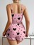 - Pamuklu Pembe Üstüne Siyah Kalp Desenli Askılı Fitilli Şortlu Pijama Takımı 3