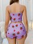 - Pamuklu Lila Üstüne Çilek Desen Fitilli Askılı Şortlu Pijama Takımı 3