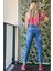 Çift Kemer Lazer Detaylı Mom Jean Kadın Pantolon 4610-152 Mavi 5