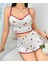 - Pamuklu Beyaz Üstüne Kırmızı Gül Desen Fitilli Askılı Şortlu Pijama Takımı 1