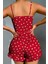 - Pamuklu Kırmızı Üstüne Beyaz Kalp Desen Fitilli Askılı Şortlu Pijama Takımı 3