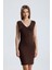 V Yaka Kolsuz Viskon Elbise | ELB35023 Kahve 3
