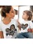 Özel Tasarım Leopar Kalp Desenli Mama Mini Baskılı Anne Çocuk Kombini T-Shirt 1