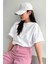 Kadın Beyaz Prostect Bakılı Oversize Pamuk T-Shirt 3