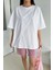 Kadın Beyaz Prostect Bakılı Oversize Pamuk T-Shirt 4