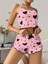 Pamuklu Pembe Üstüne Siyah Kalp Desenli Askılı Fitilli Şortlu Pijama Takımı 2