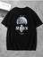 Büyük Beden Spaceman 'moon' Ön Baskılı Oversize Bisiklet Yaka Yazlık Pamuk Siyah T-Shirt 1