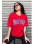 Boston Baskılı Kırmızı Oversize Kadın T-Shirt 1