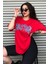 Boston Baskılı Kırmızı Oversize Kadın T-Shirt 4