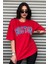 Boston Baskılı Kırmızı Oversize Kadın T-Shirt 7