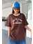 Büyük Beden Kahve Yaka Beyaz Freedom Baskılı Oversize Bisiklet Yaka T-Shirt 1