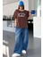 Büyük Beden Kahve Yaka Beyaz Freedom Baskılı Oversize Bisiklet Yaka T-Shirt 2