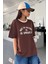 Büyük Beden Kahve Yaka Beyaz Freedom Baskılı Oversize Bisiklet Yaka T-Shirt 4