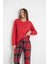 Kadın Kırmızı Uzun Kollu Pijama Takımı – Düğmeli Bisiklet Yaka, Paça Lastikli Ekose Alt 2