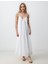 Ekru Rahat Kesim Askılı V Yaka Uzun Elbise 1