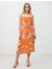 Turuncu Floral Desenli Askılı Düz Yaka Midi Elbise 1