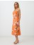 Turuncu Floral Desenli Askılı Düz Yaka Midi Elbise 2
