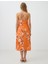 Turuncu Floral Desenli Askılı Düz Yaka Midi Elbise 5