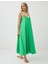 Yeşil Askılı V Yaka Keten Karışımlı Midi Elbise 2