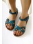 Hakiki Deri Alize Turkuaz Boncuk ve Yaprak Detaylı Sandalet 2