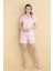 %100 Pamuklu Kadın Pembe Çizgili Önden Düğmeli Şortlu Pijama Takım 1